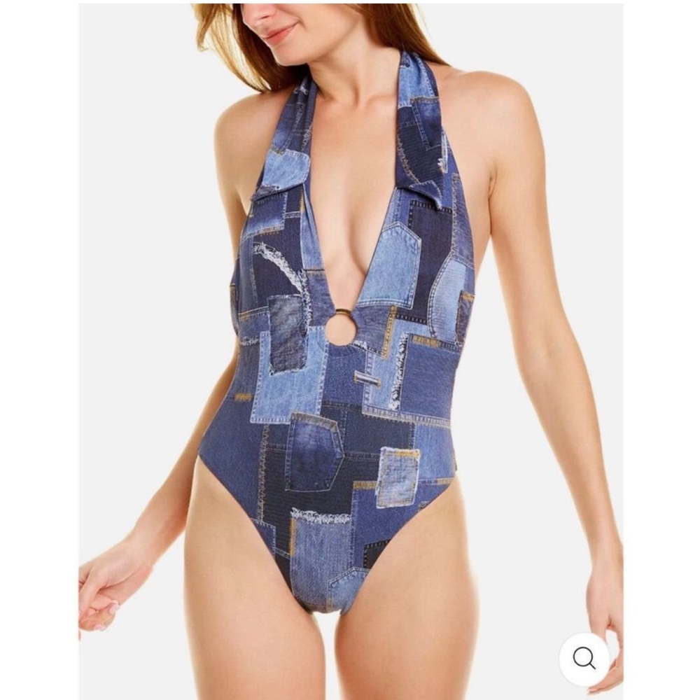 We Wore What Denim Patchwork Collar Racerback One-piece swimsuit